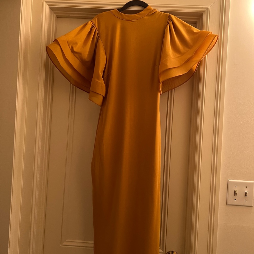 Fashion Nova Mustard Yellow Midi Dress with Ruffle Sleeves - Picture 5 of 6